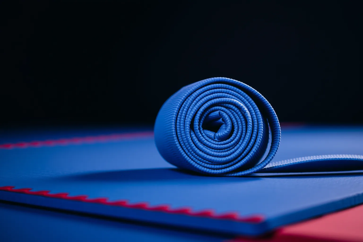 Une ceinture bleue de taekwondo enroulée sur elle-même, posée sur un tapis.