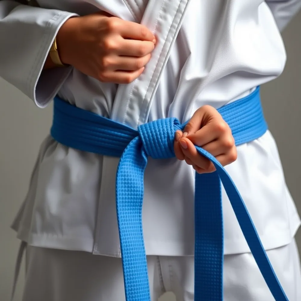 Gros plan de mains nouant une ceinture sur un dobok blanc.
