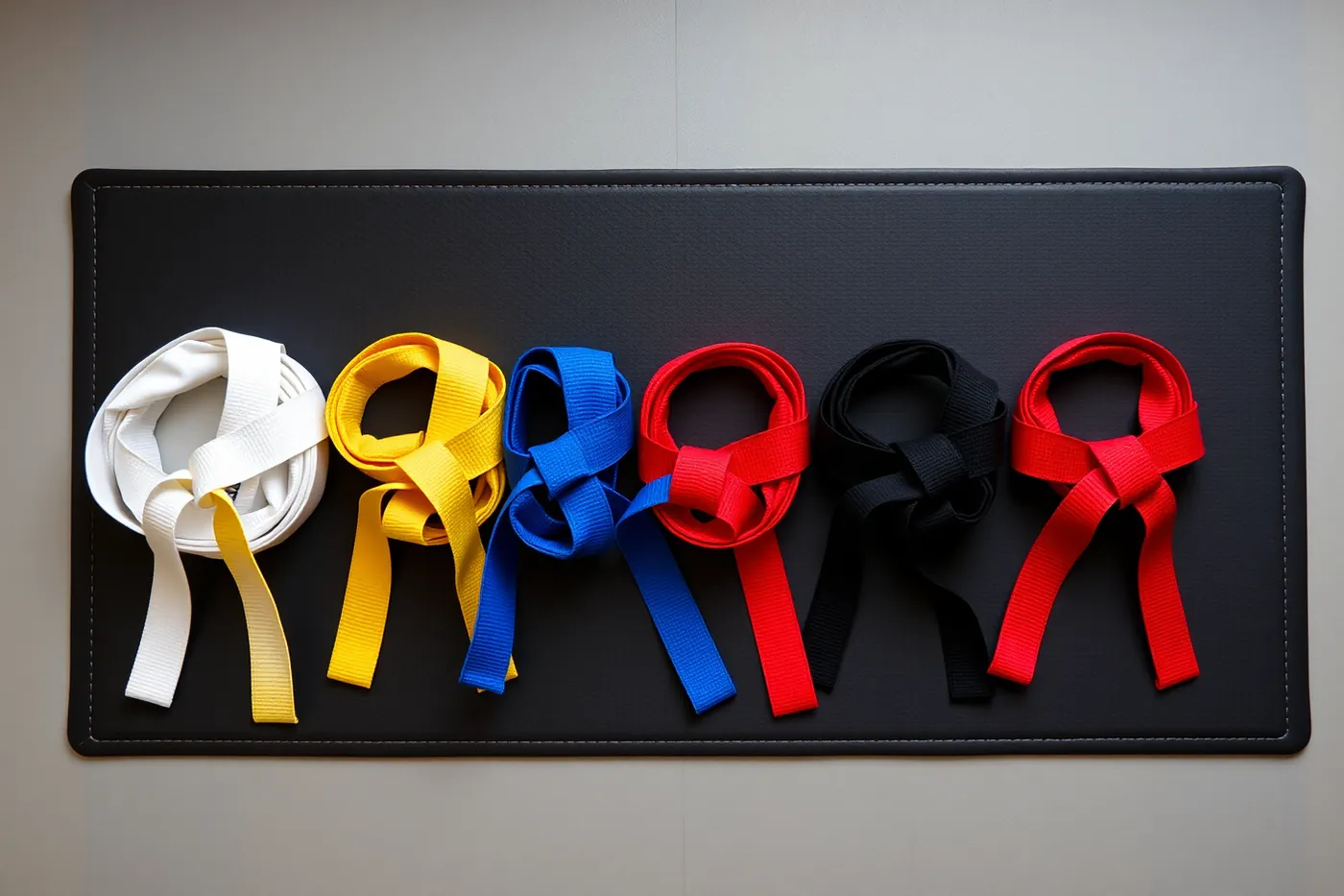 Des ceintures de taekwondo de plusieurs couleurs, rangées côte à côte.