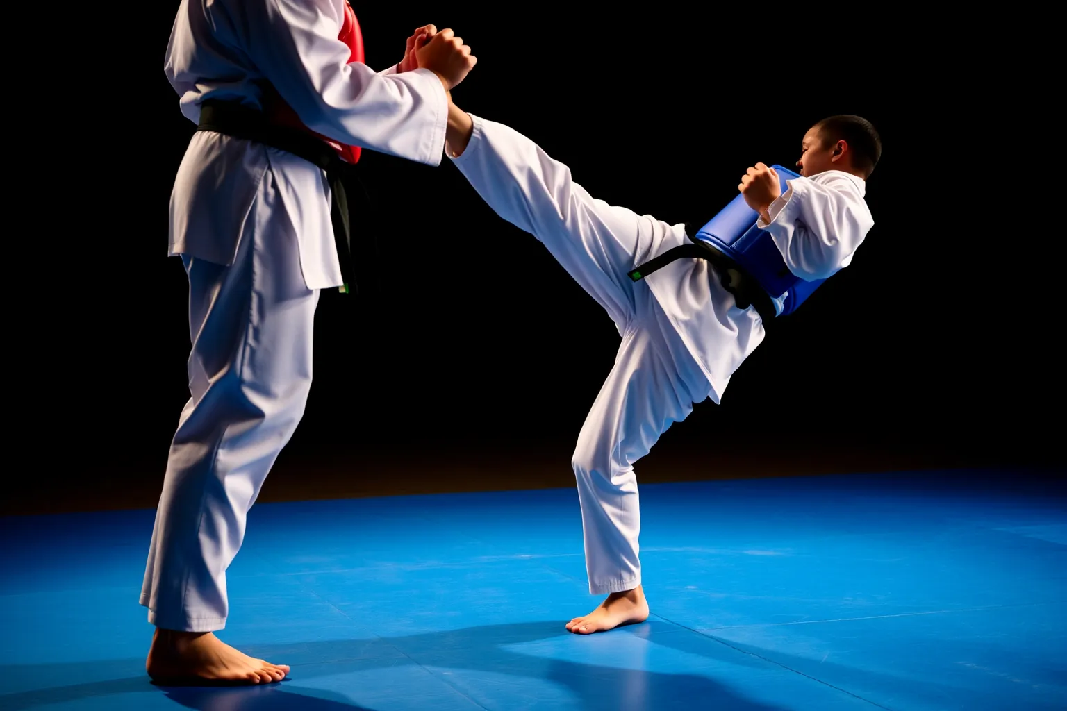 Deux pratiquants en dobok, face à face en garde de combat.