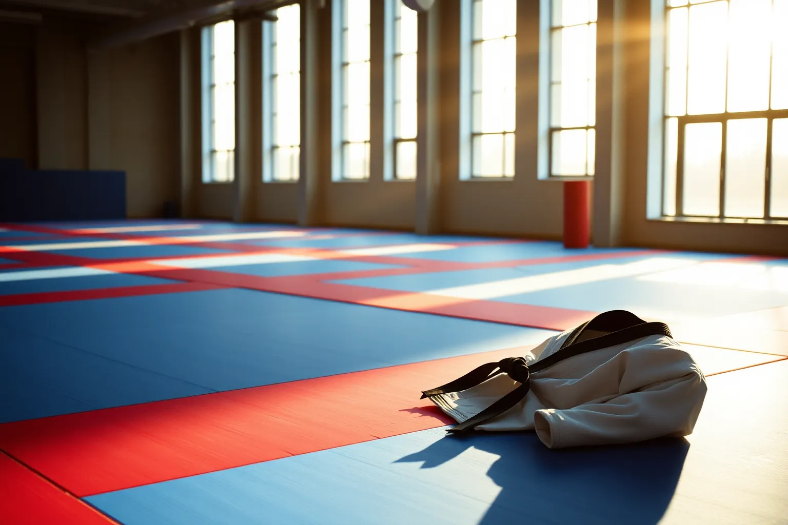 Une salle d'entraînement de taekwondo vide, au petit matin.
