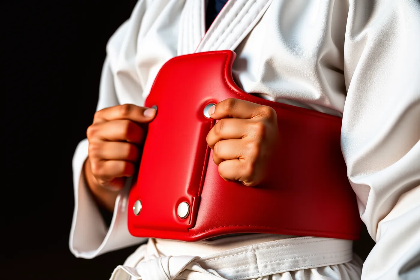 Gros plan des mains d'un pratiquant en dobok, poings fermés.