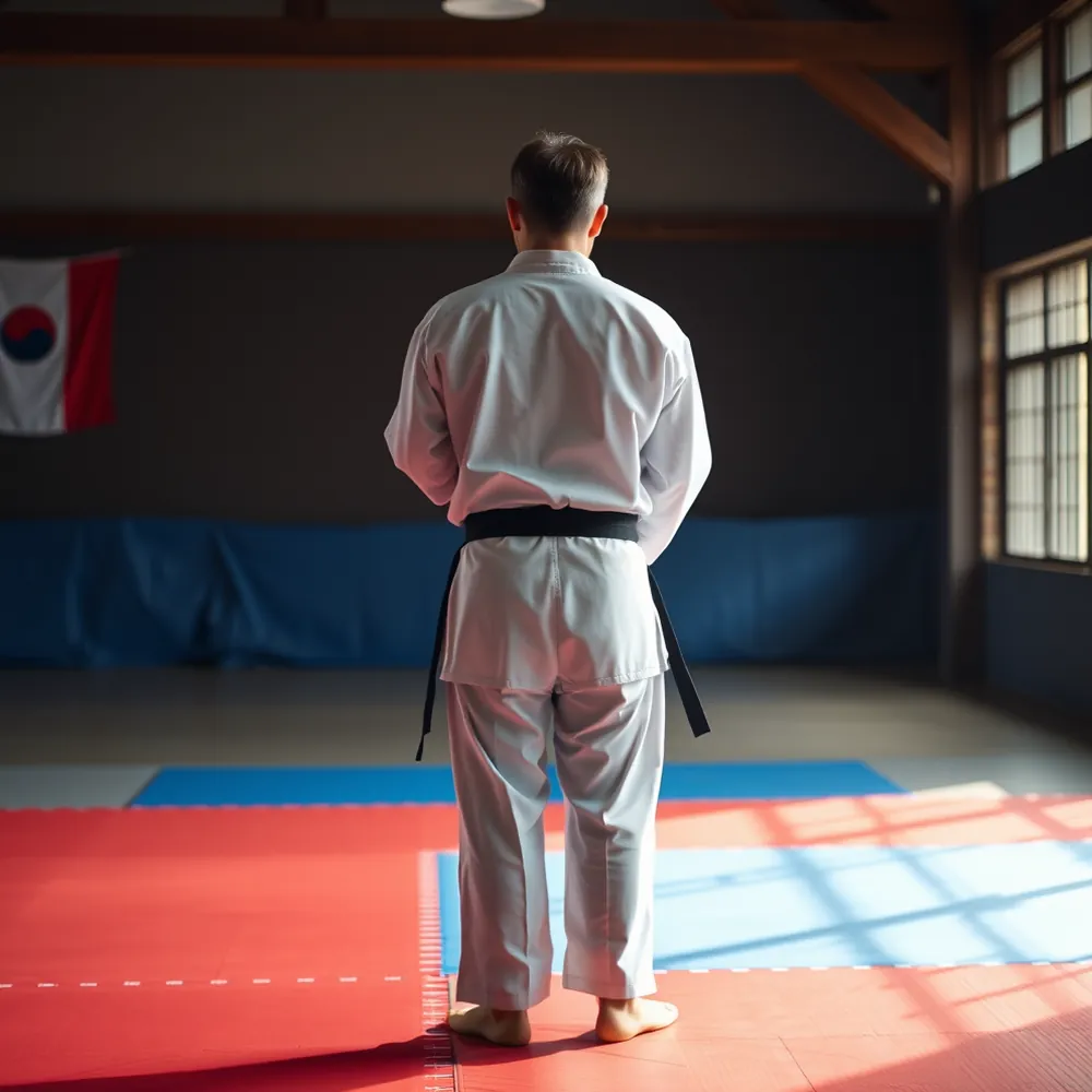 Un pratiquant en dobok salue, debout, au bord du tapis.